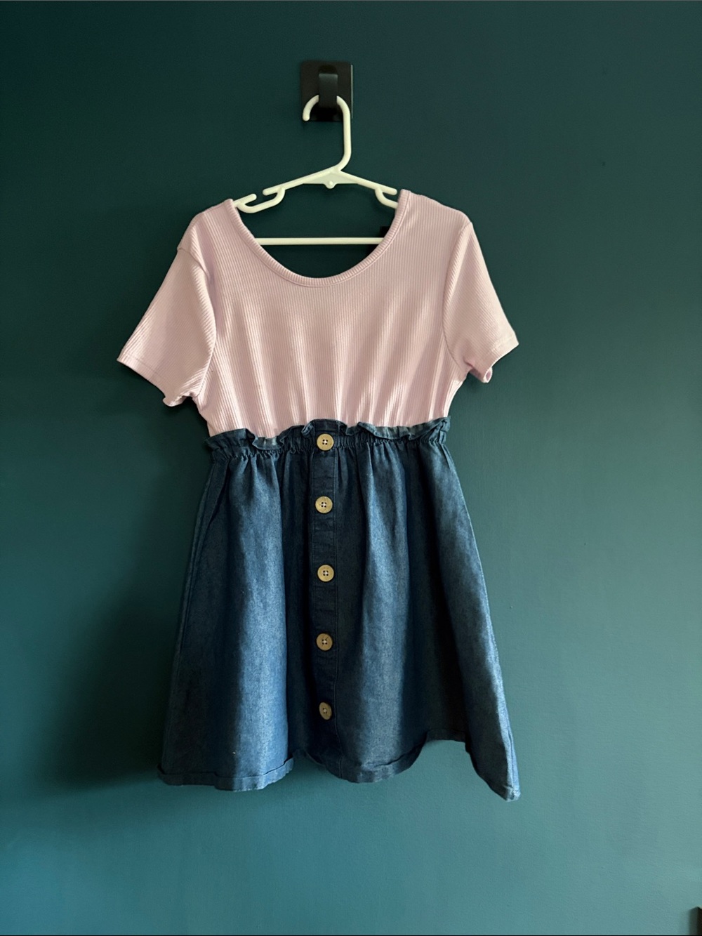 Girls Pink Ribbed Top with Button-Front Denim Skirt Dress